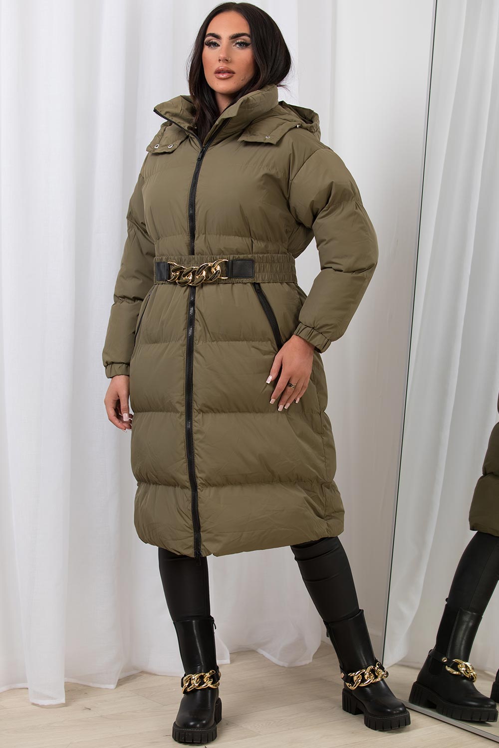 Khaki Long Puffer Padded Coat With Gold Chain Belt