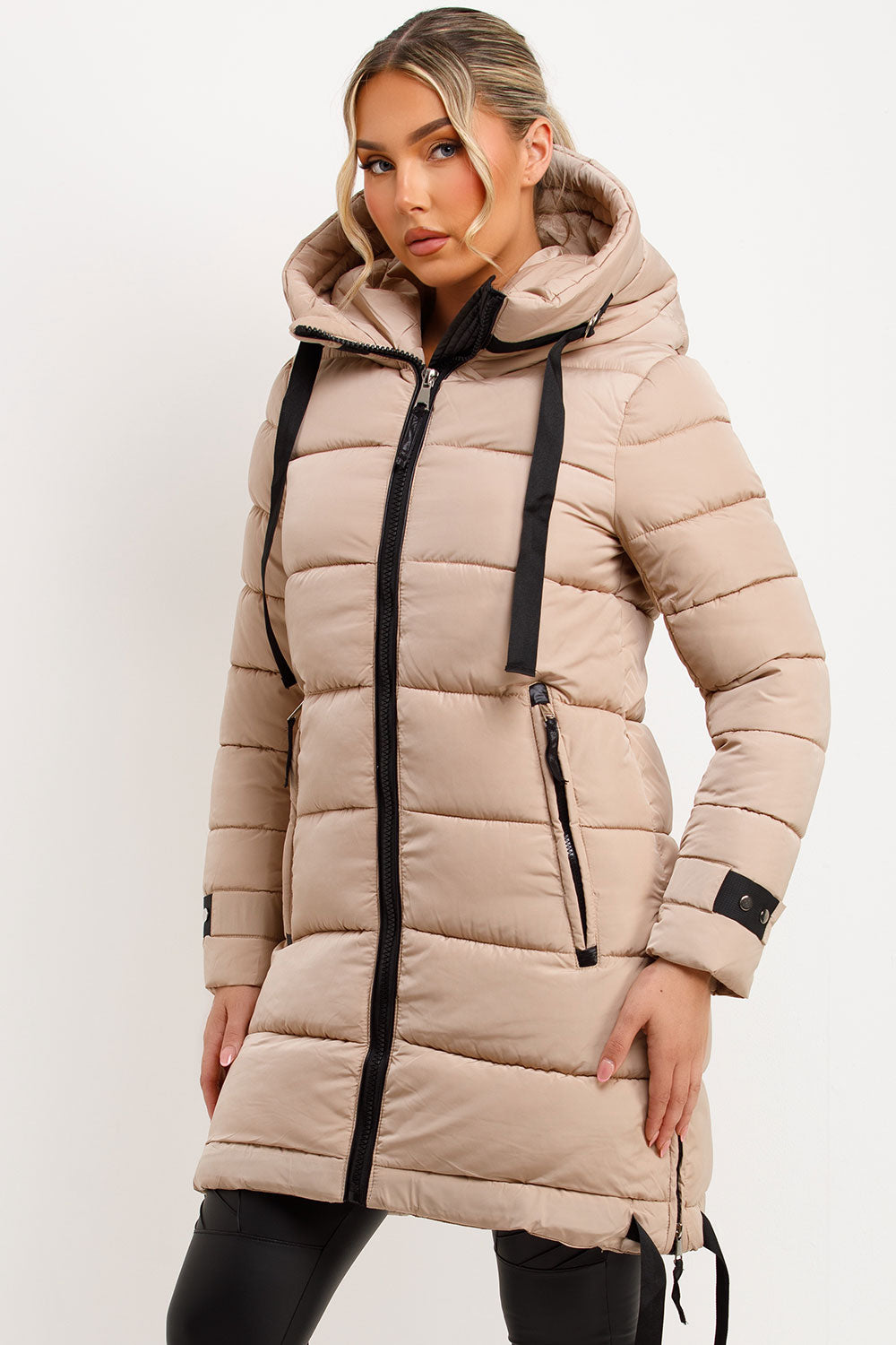 Long Puffer Coat With Hood And Side Straps Beige