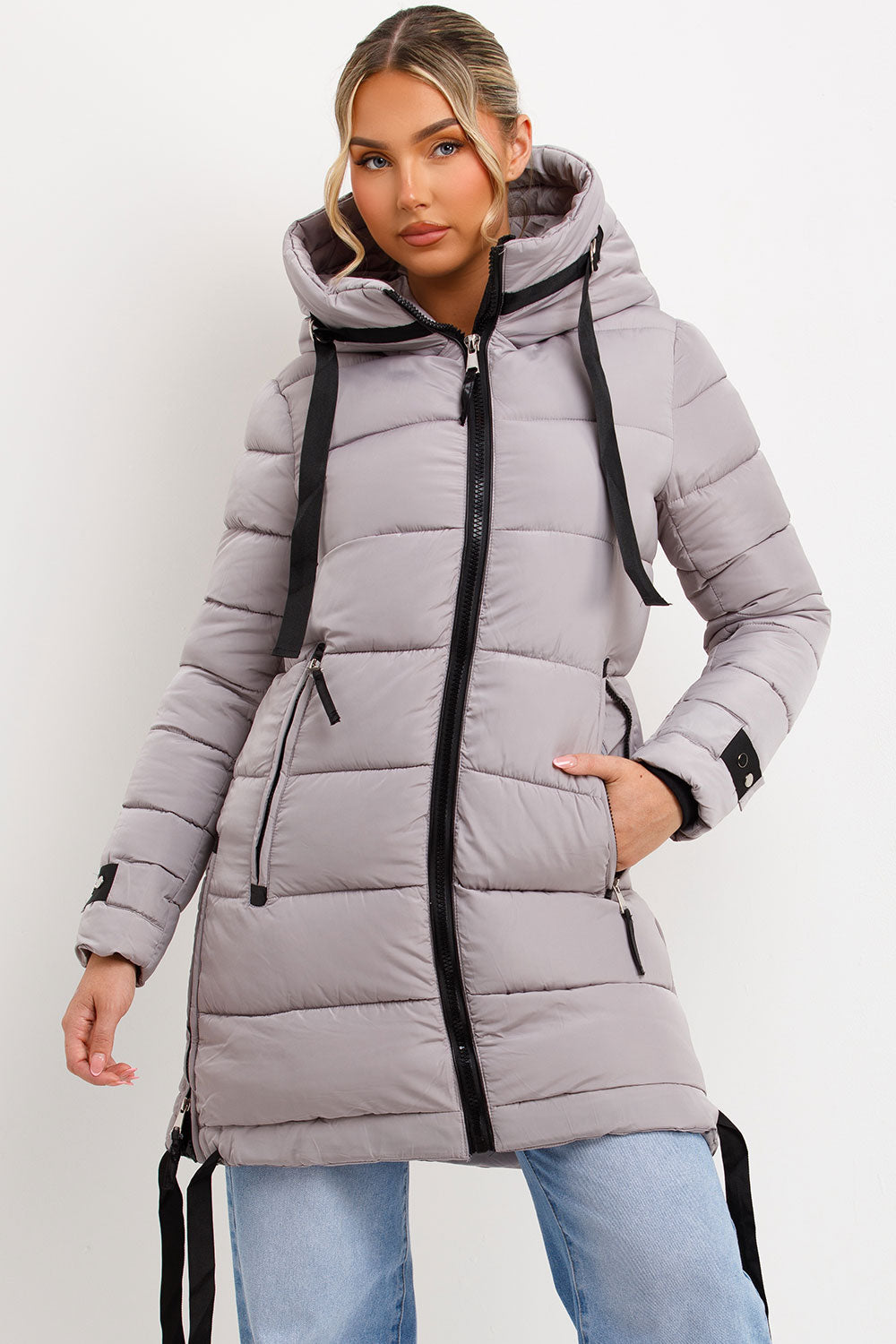 Long Puffer Coat With Hood And Side Straps Grey