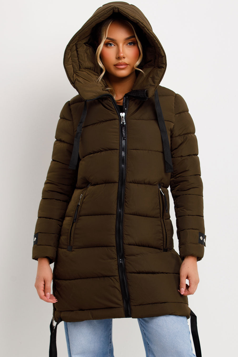 Long Puffer Coat With Hood And Side Straps Khaki