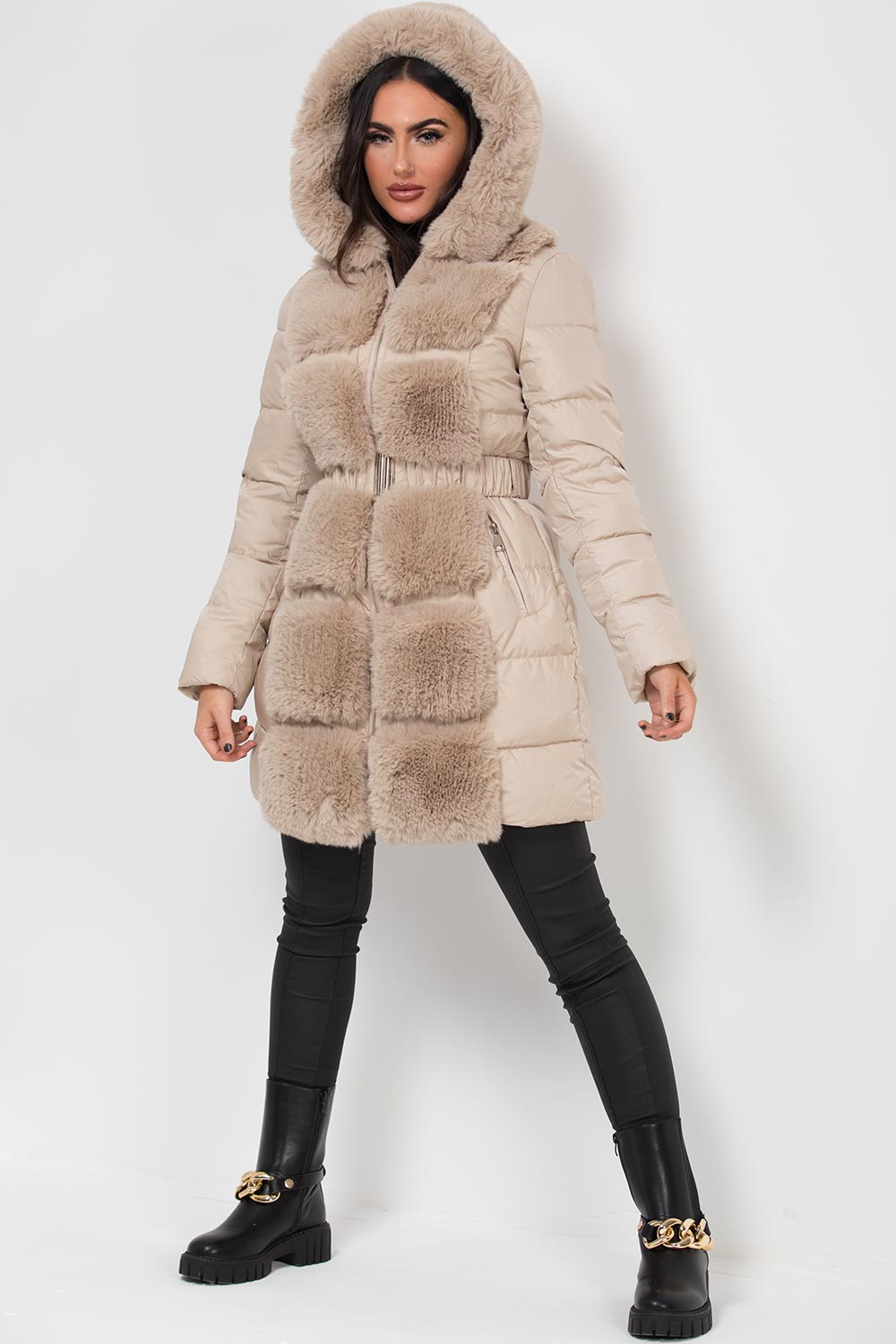 Long Puffer Coat With Faux Fur Hood And Trim Beige