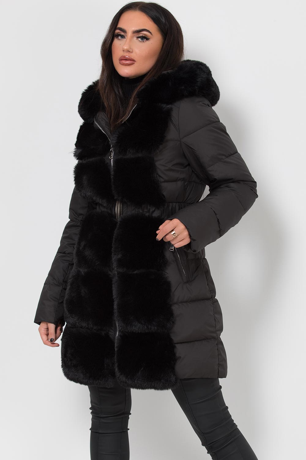 Long Puffer Coat With Faux Fur Hood And Trim Black