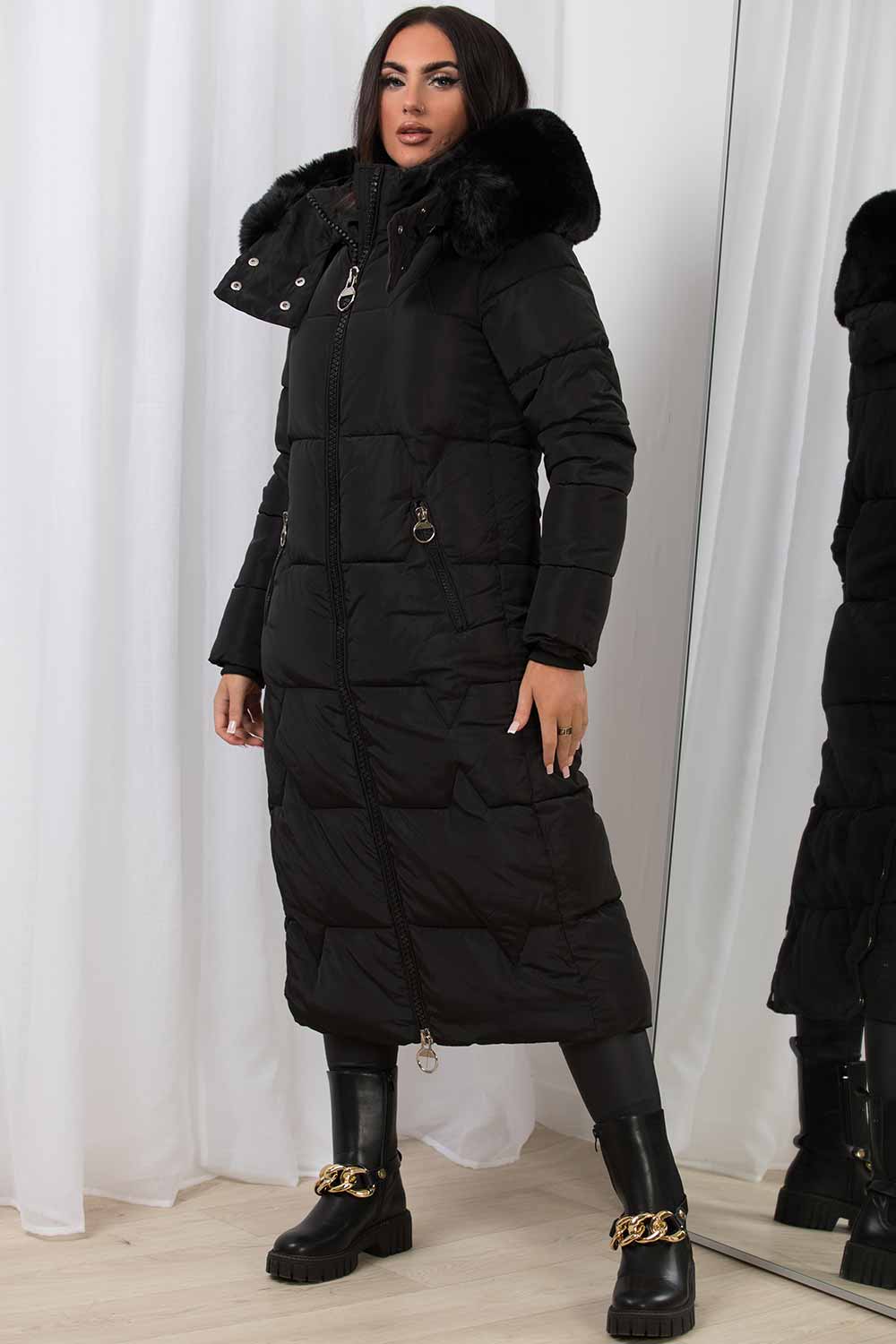 Long Puffer Padded Coat With Faux Fur Hood Black