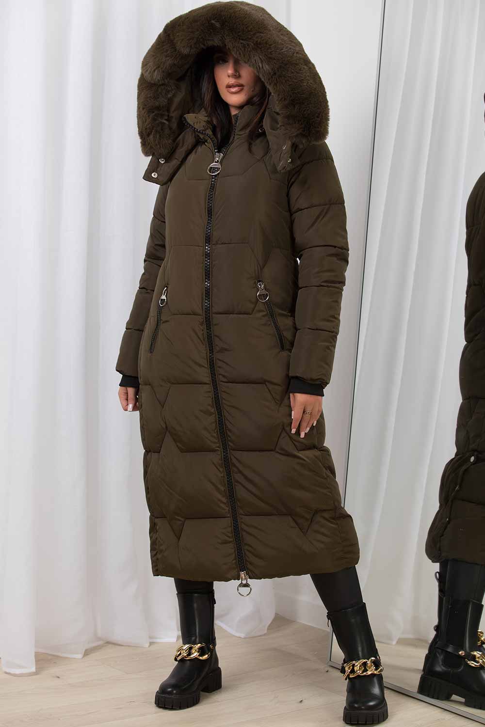 Long Puffer Padded Coat With Faux Fur Hood Khaki