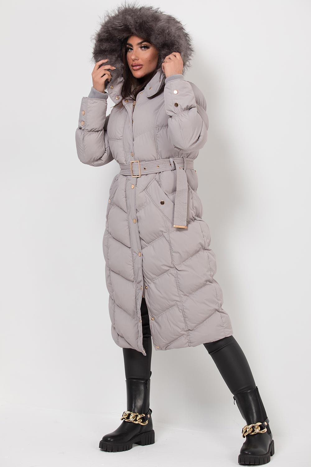 Long Puffer Coat With Fur Hood And Belt Grey