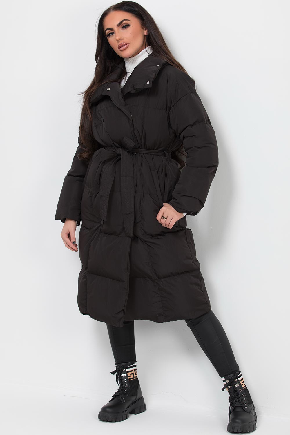 Long Duvet Puffer Coat With Waist Belt Black