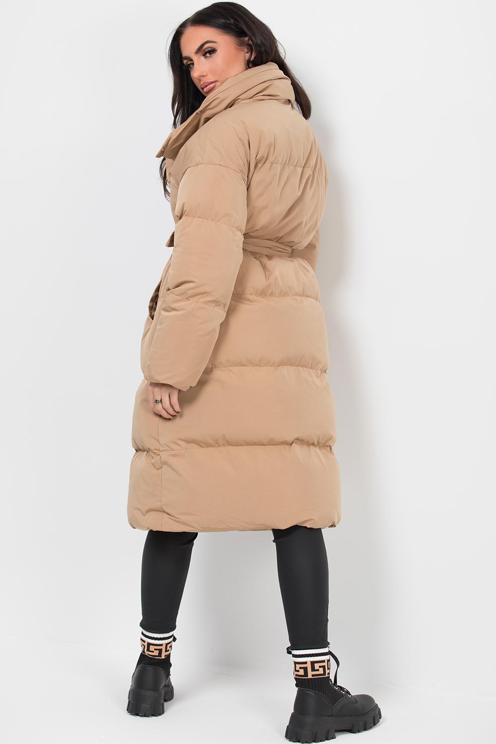 Long Duvet Puffer Coat With Waist Belt Camel