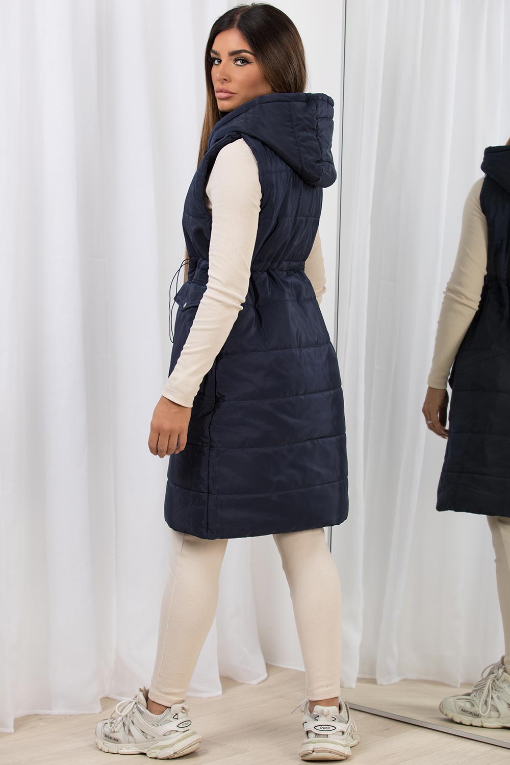 Navy Padded Gilet With Drawstring Waist Longline