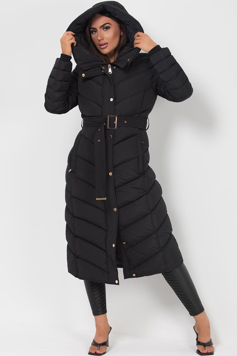 Long Puffer Down Coat With Belt Black