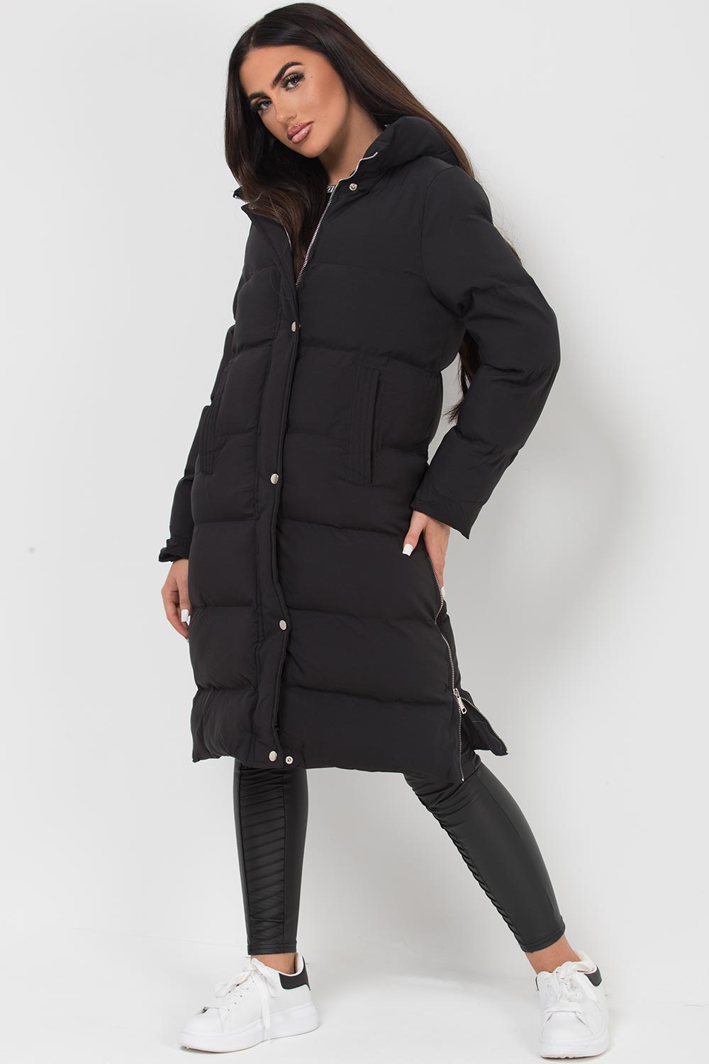 Long Puffer Coat With Side Zip Black