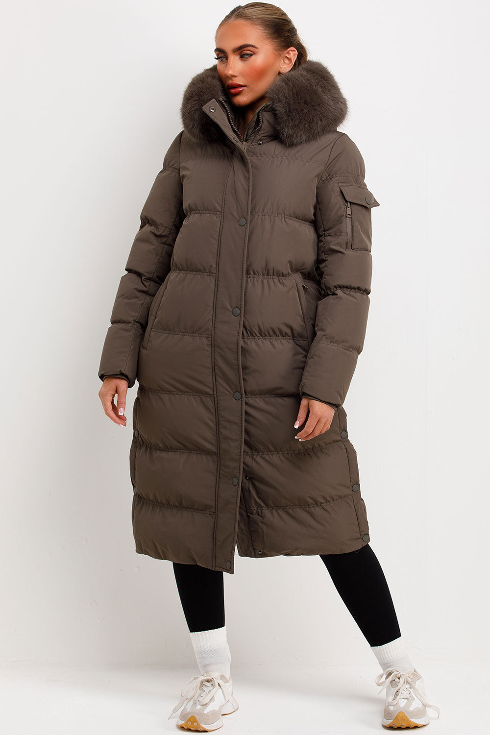 Long Puffer Coat With Fur Hood Khaki