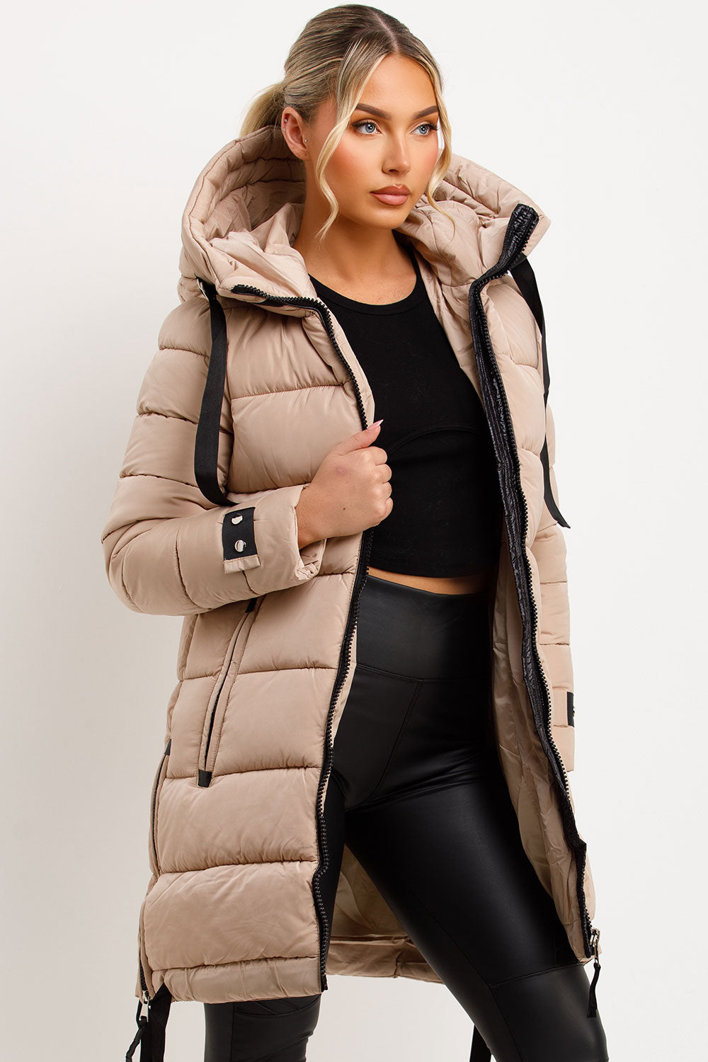 Long Puffer Coat With Hood And Side Straps Beige