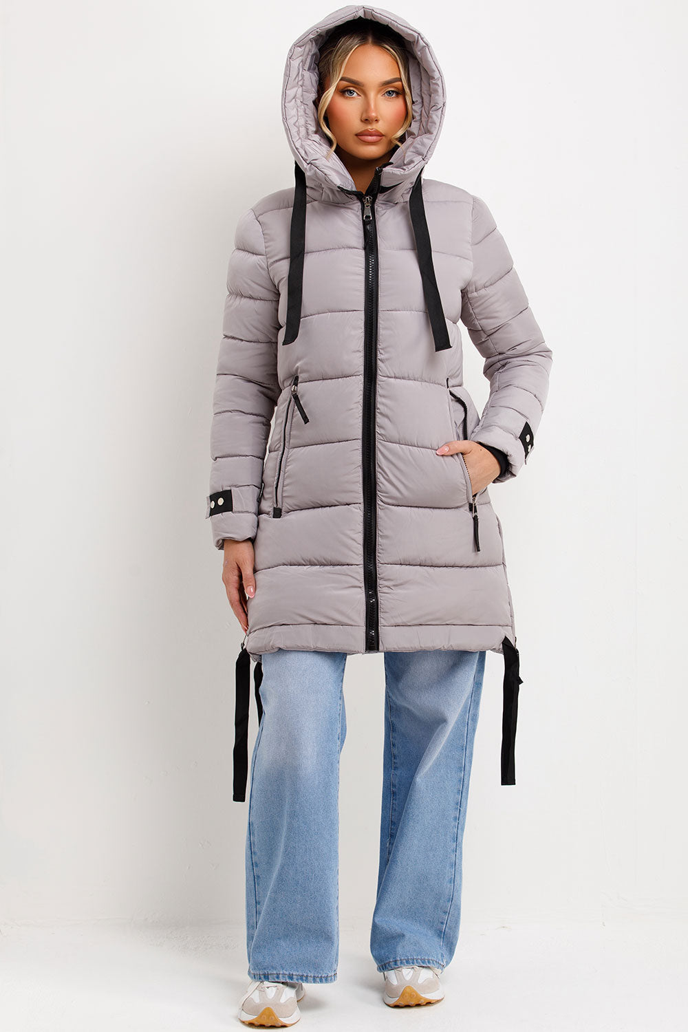 Long Puffer Coat With Hood And Side Straps Grey