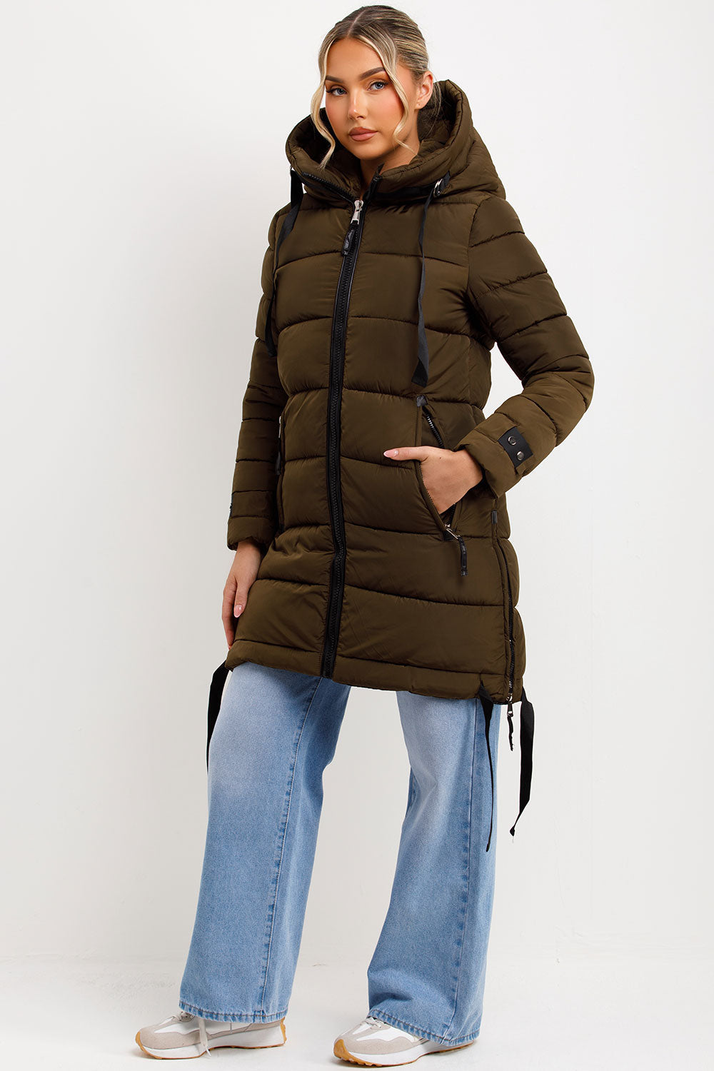 Long Puffer Coat With Hood And Side Straps Khaki