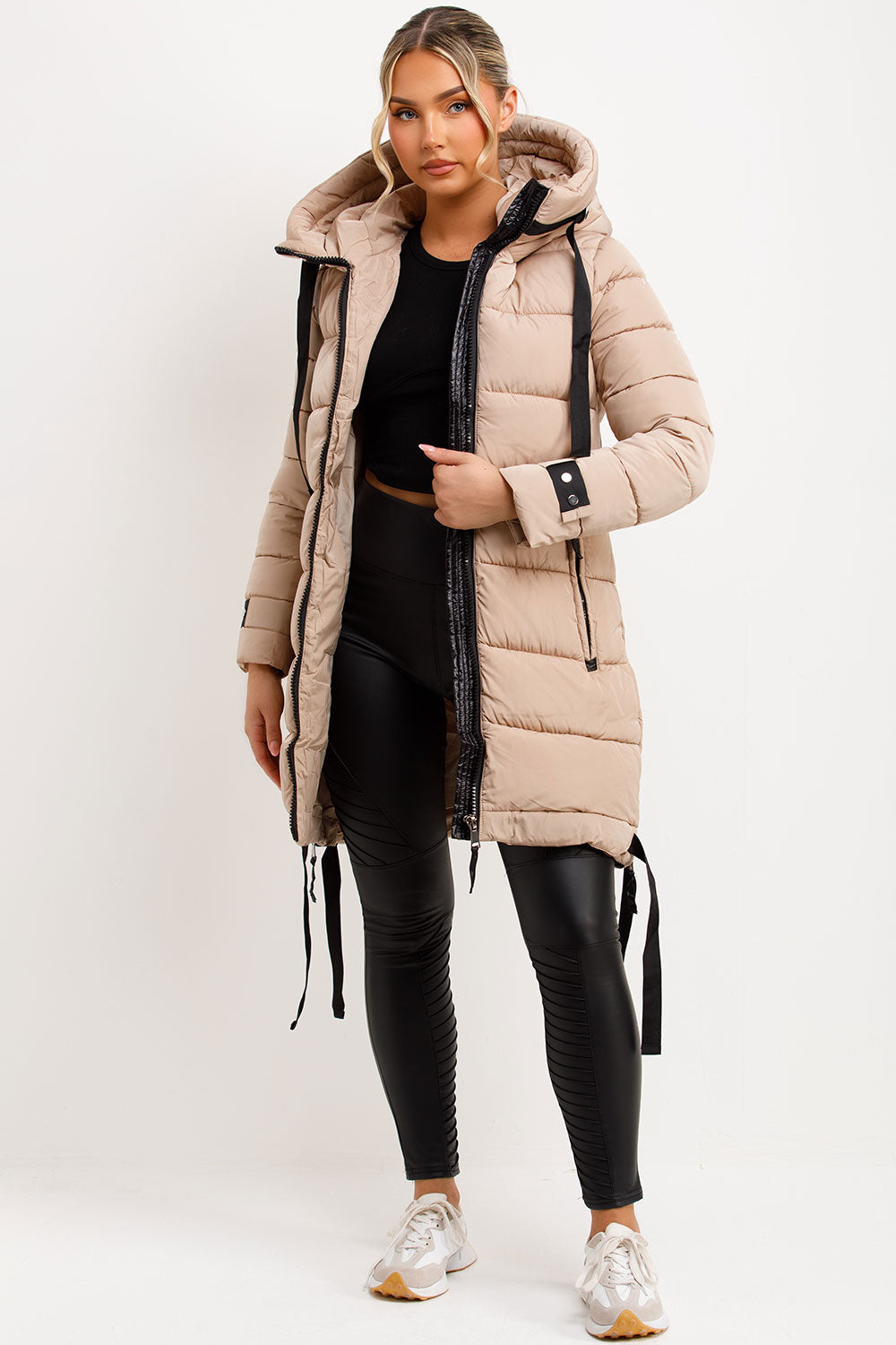 Long Puffer Coat With Hood And Side Straps Beige