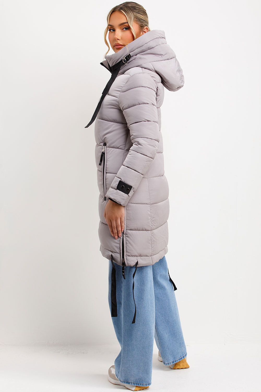 Long Puffer Coat With Hood And Side Straps Grey