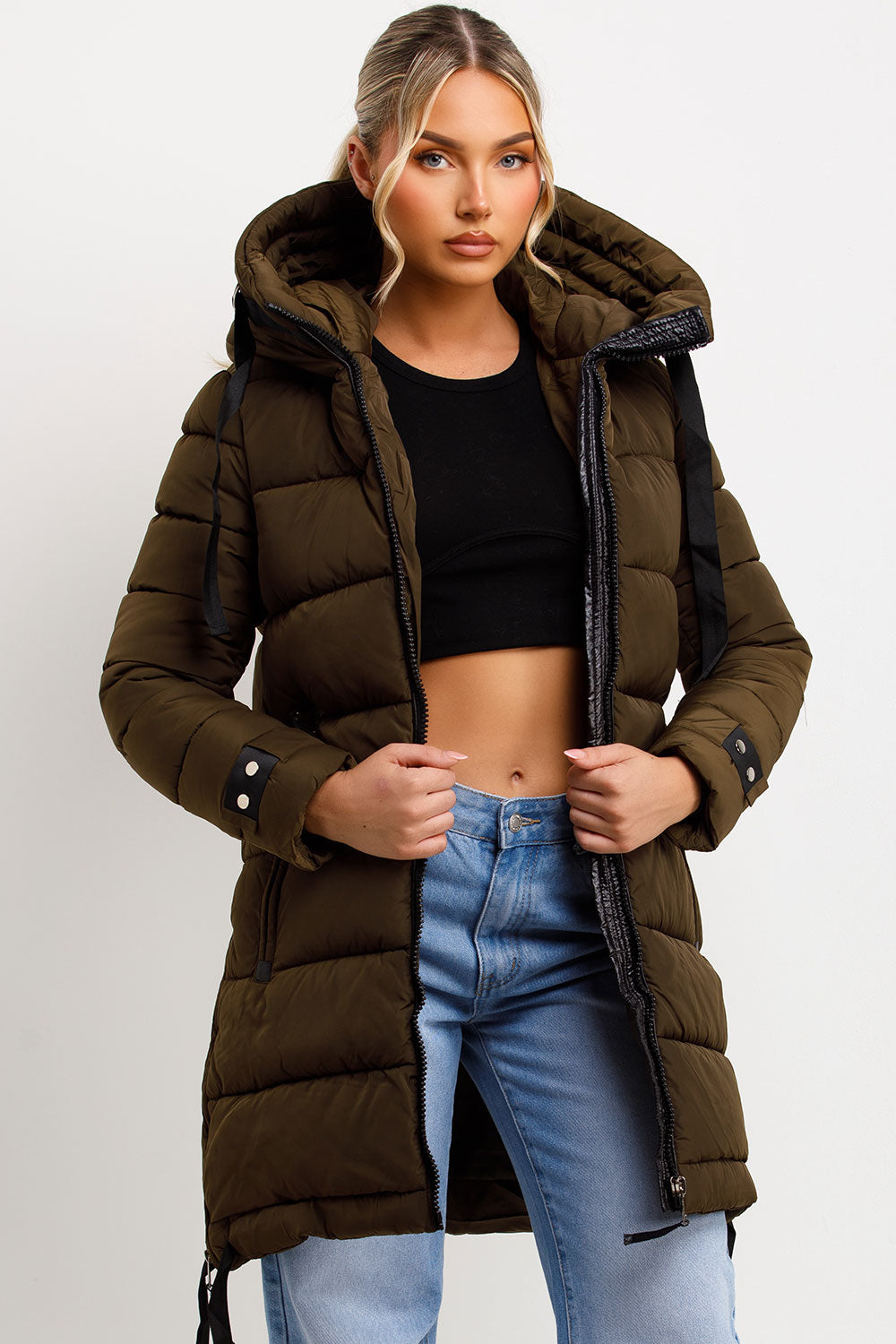 Long Puffer Coat With Hood And Side Straps Khaki