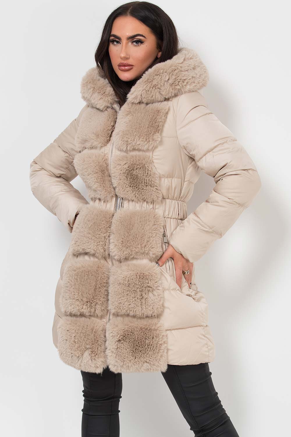 Long Puffer Coat With Faux Fur Hood And Trim Beige