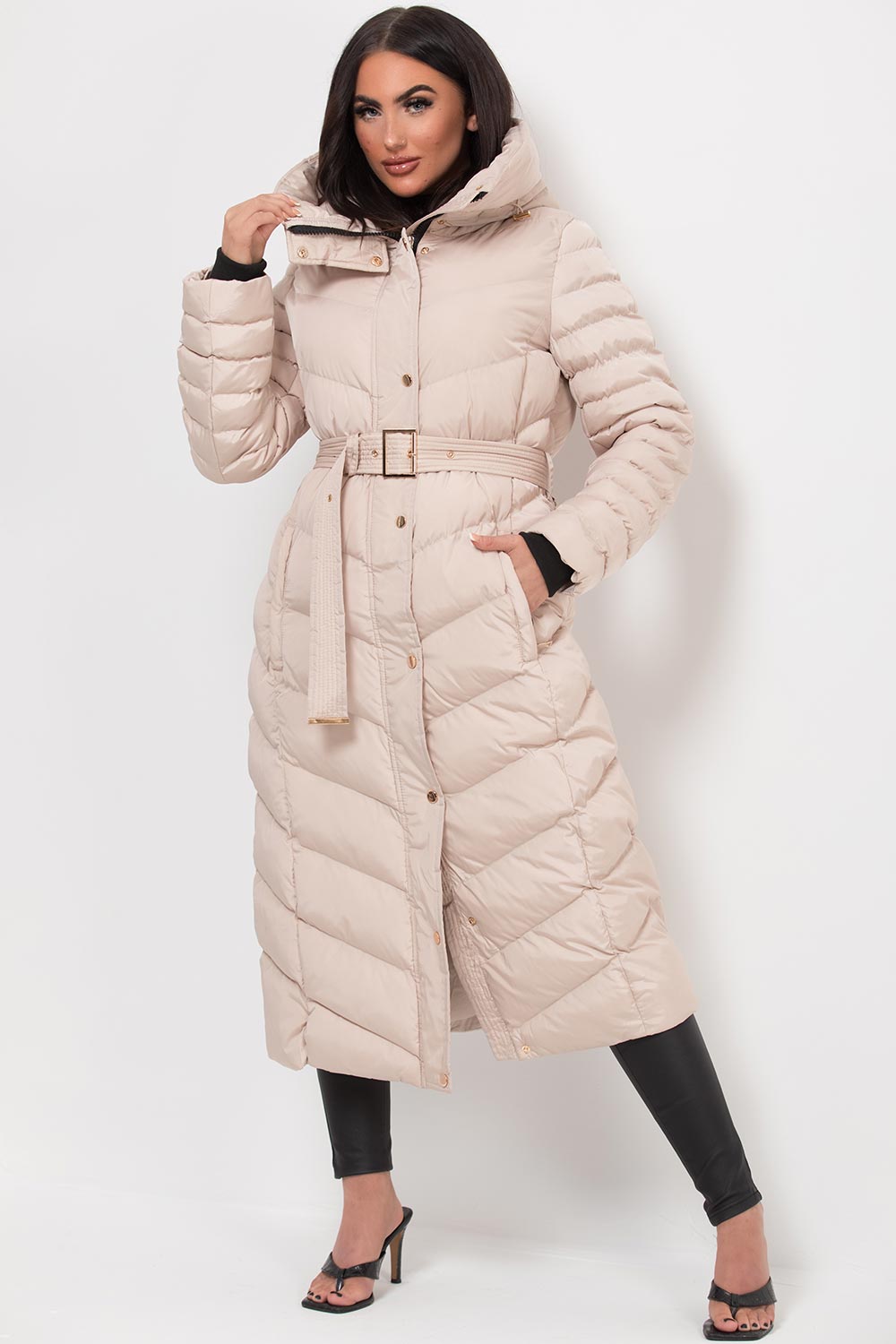 Long Puffer Down Coat With Belt Beige