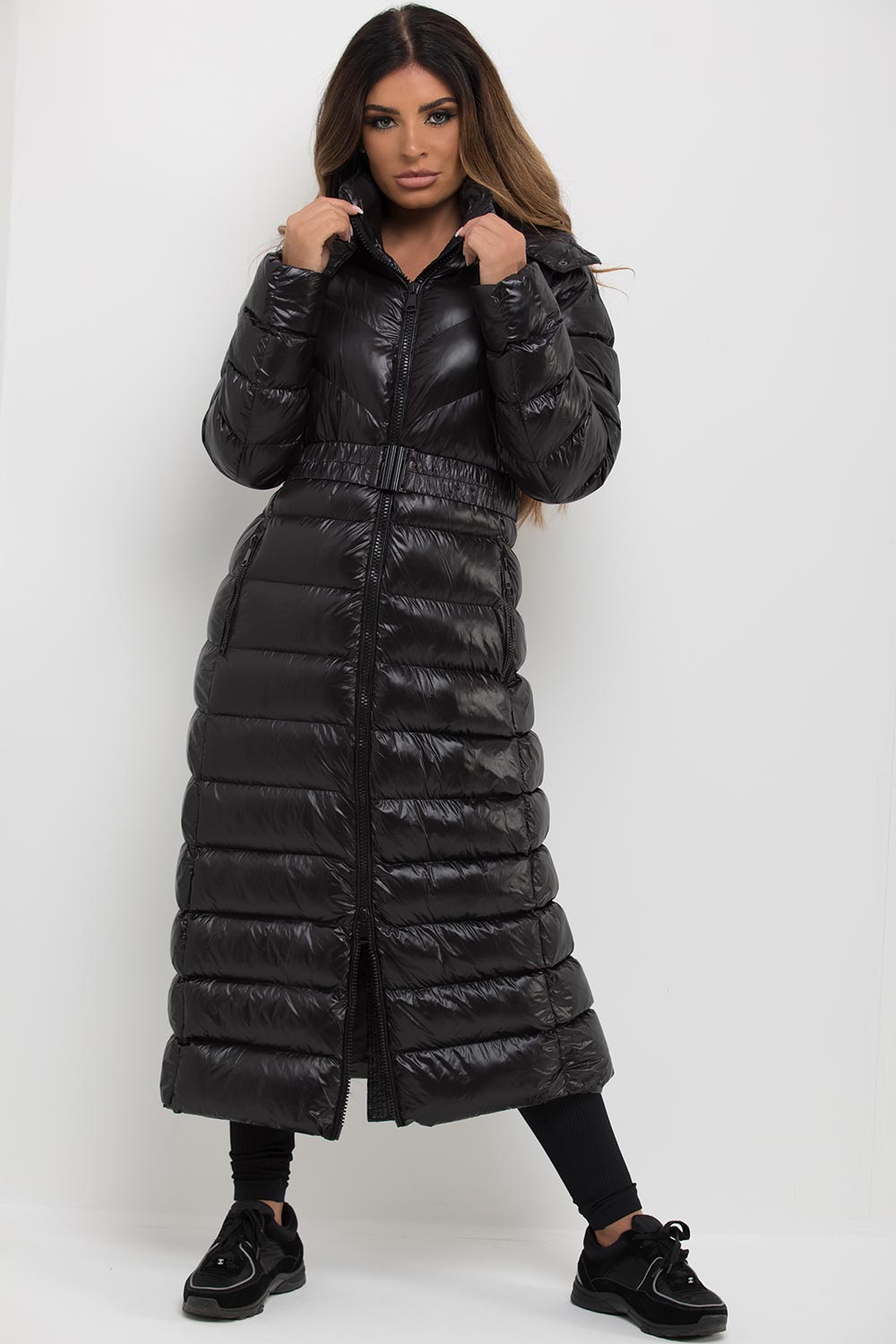 Black Longline Puffer Padded Jacket With Hood & Belt