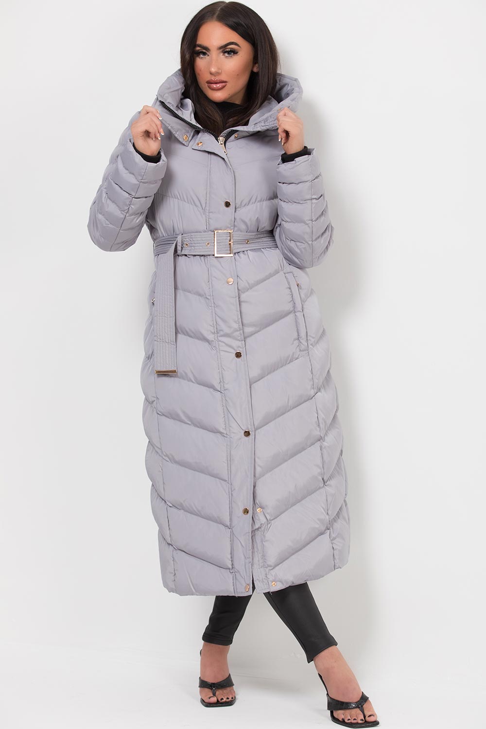 Long Puffer Down Coat With Belt Grey