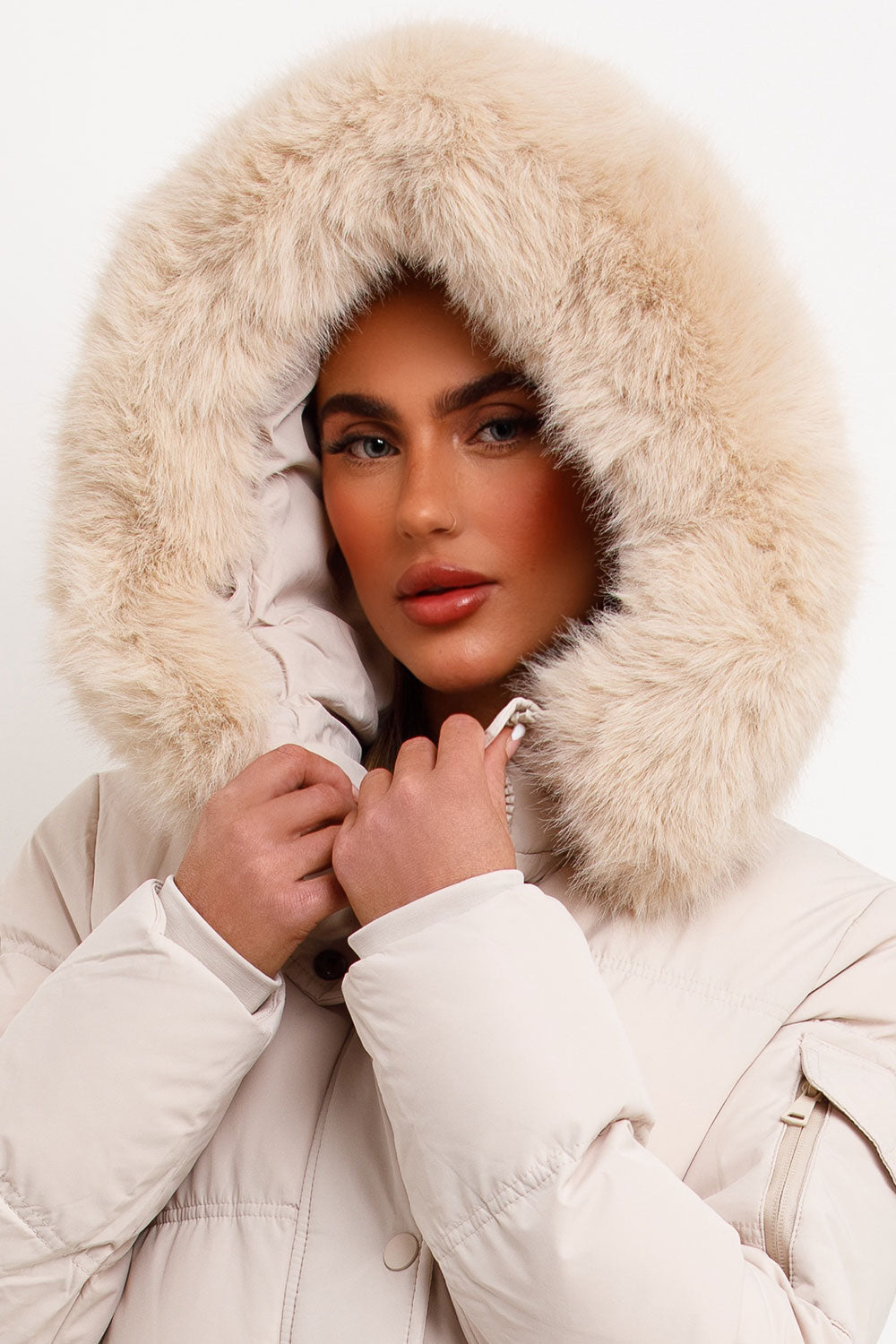 Long Puffer Coat With Fur Hood Beige