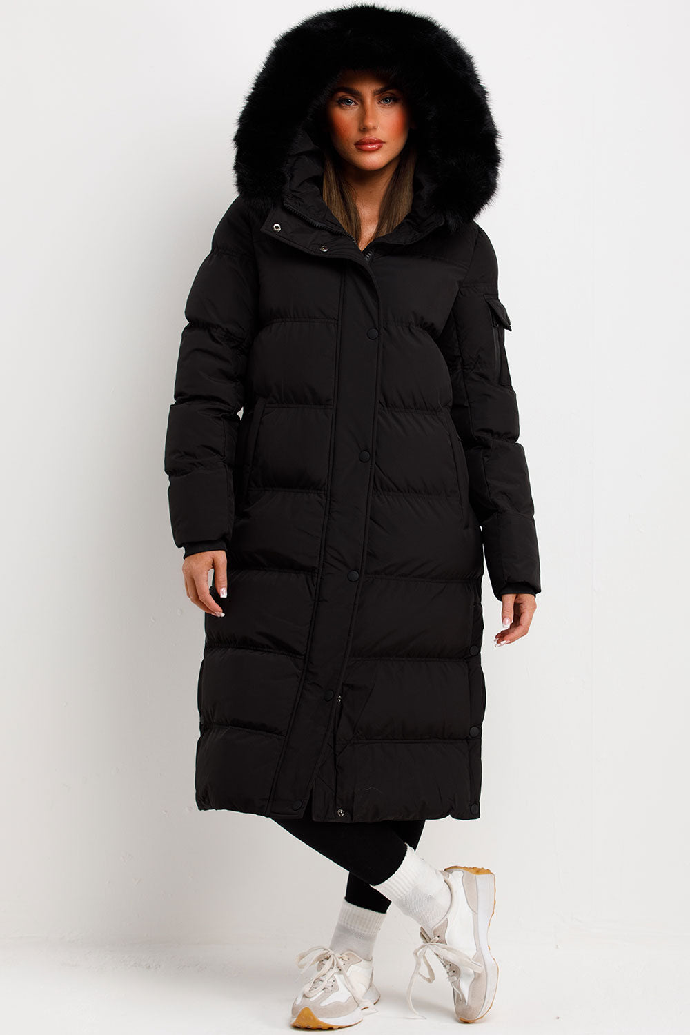 Long Puffer Coat With Fur Hood Black