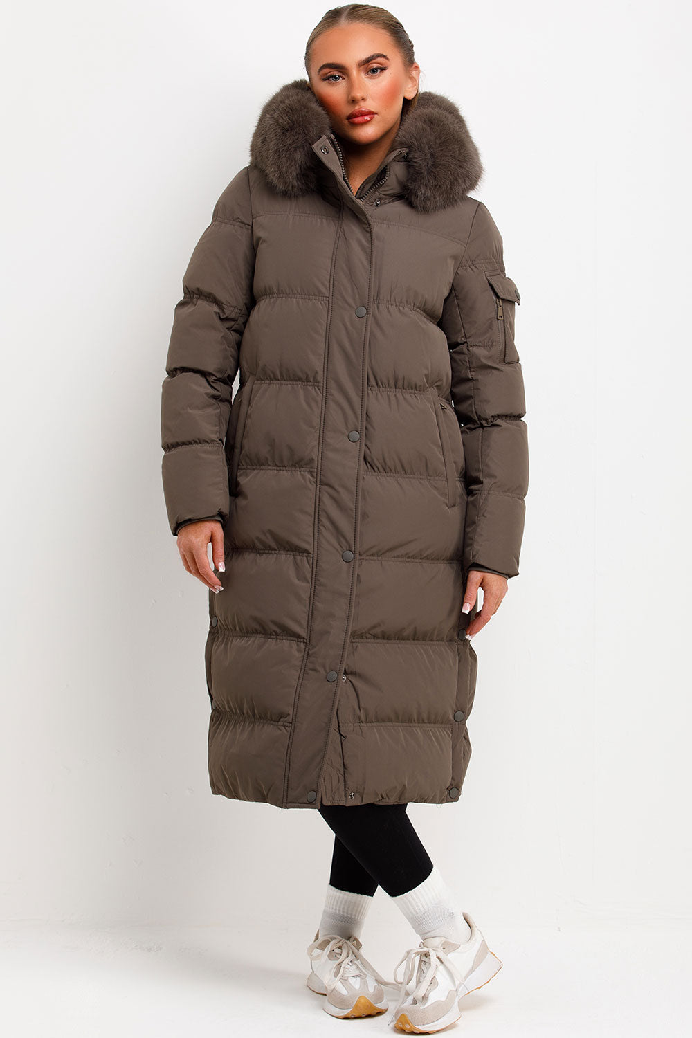 Long Puffer Coat With Fur Hood Khaki