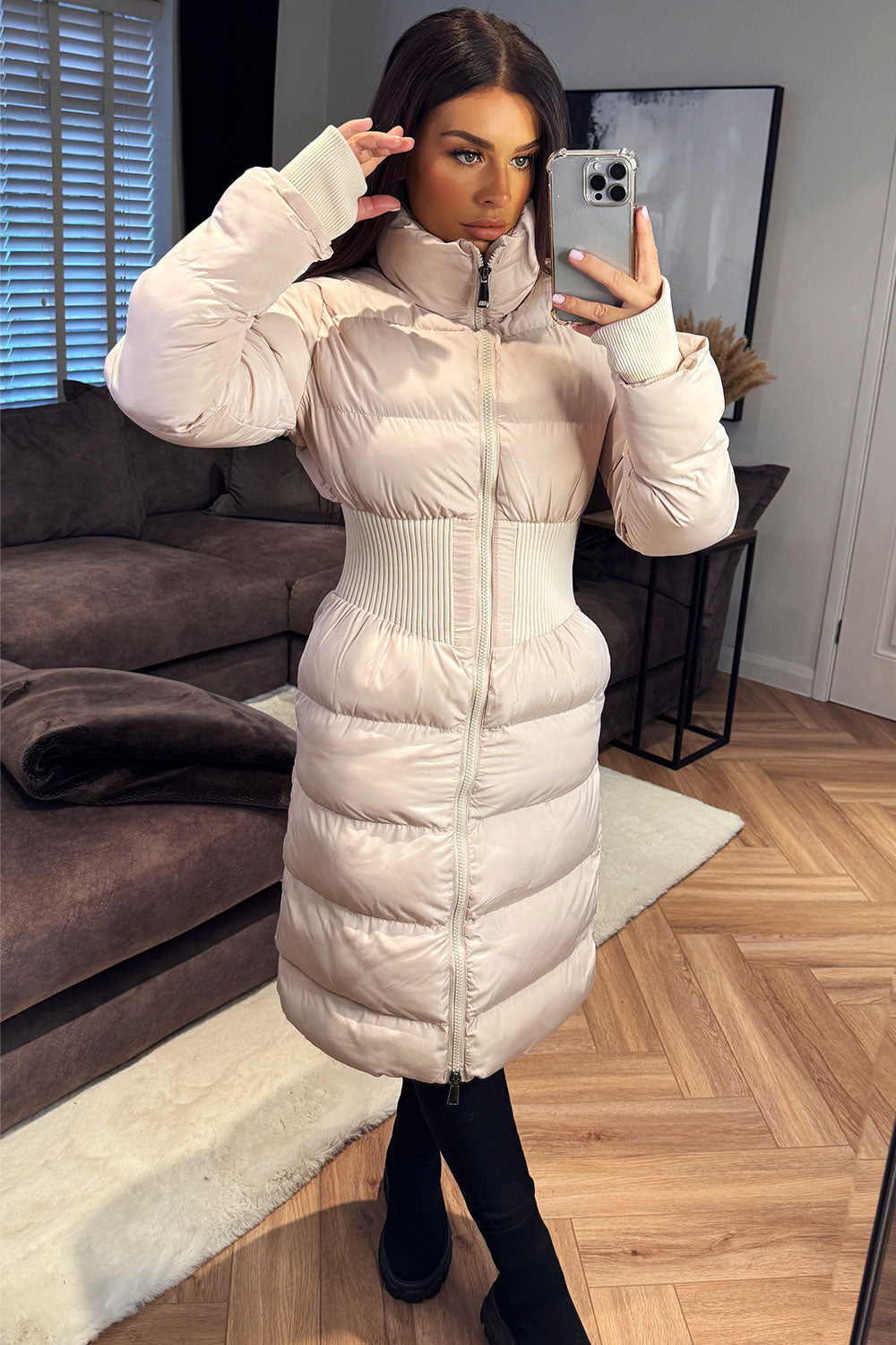 Puffer Padded Winter Coat With Contour Structured Detail Beige