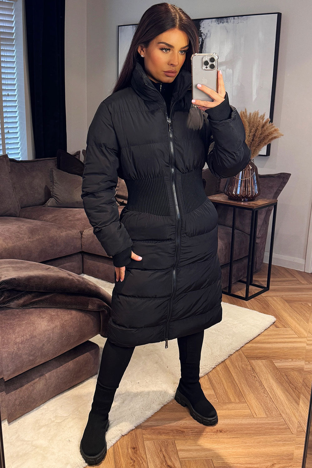 Puffer Padded Winter Coat With Contour Structured Detail Black