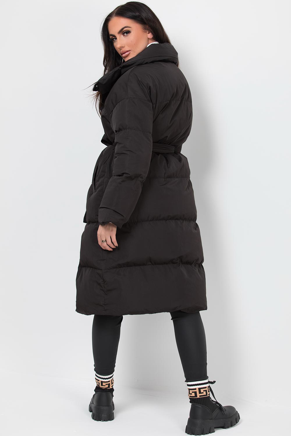 Long Duvet Puffer Coat With Waist Belt Black