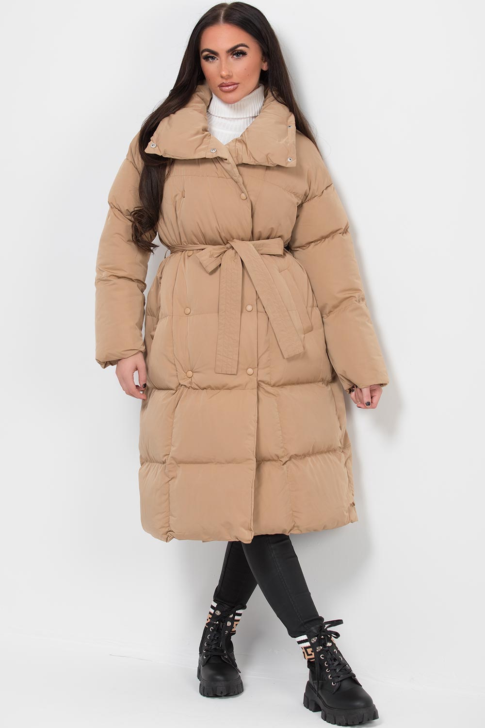 Long Duvet Puffer Coat With Waist Belt Camel