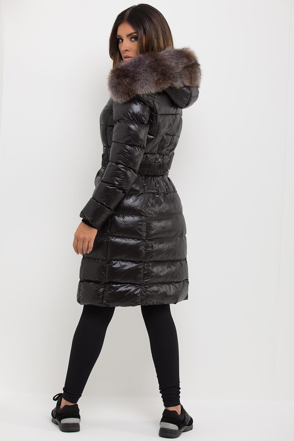 Black Long Puffer Padded Jacket With Faux Fur Hood & Belt