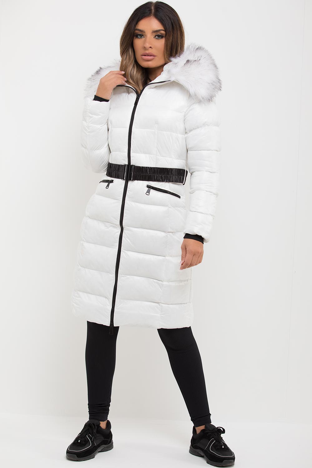 White Long Puffer Padded Jacket With Faux Fur Hood & Belt