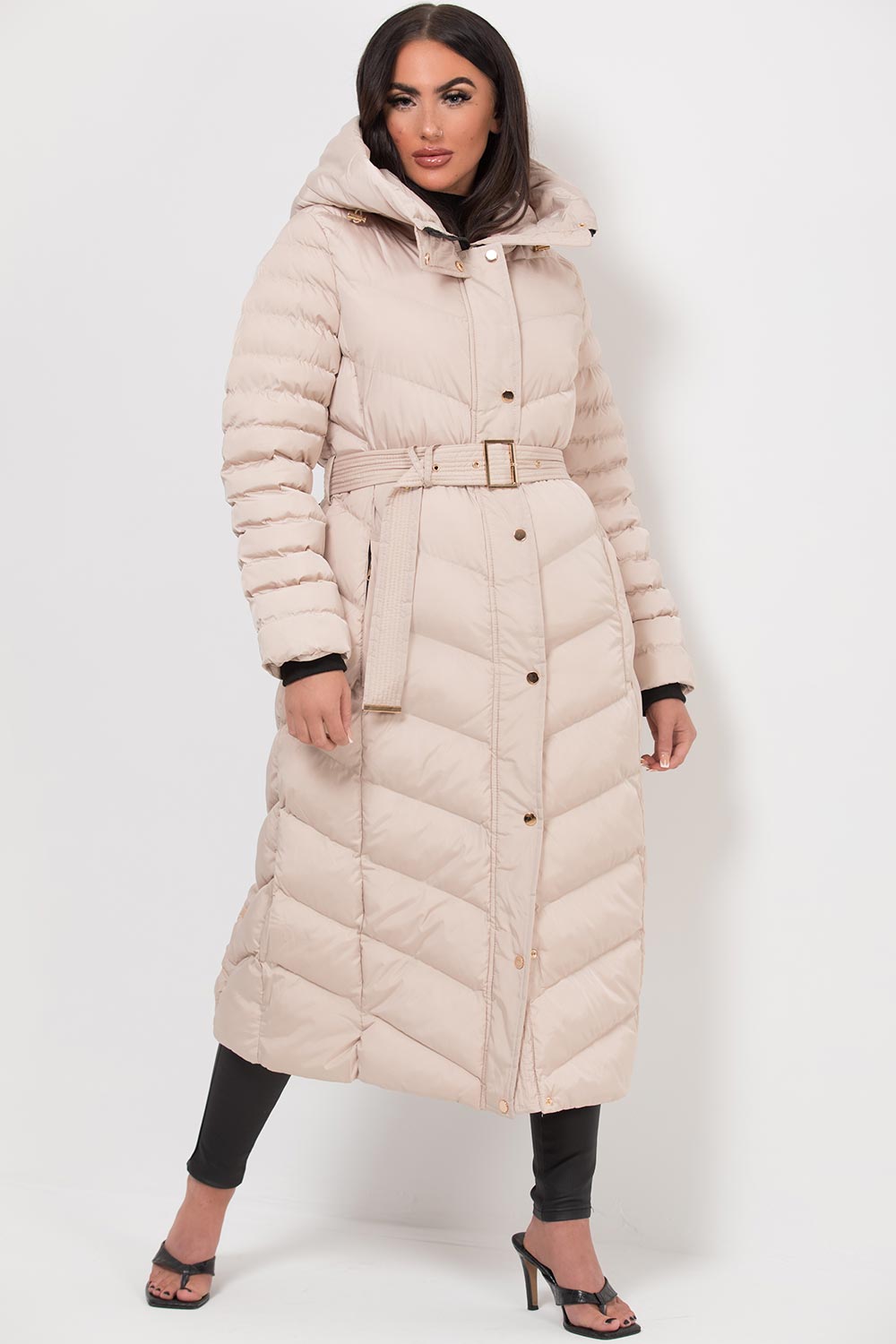 Long Puffer Down Coat With Belt Beige