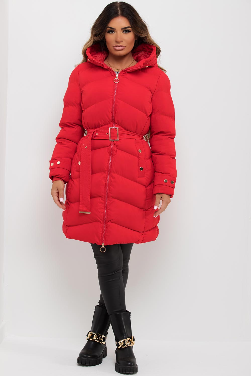 Red Long Puffer Coat With Belt And Gold Button Detail