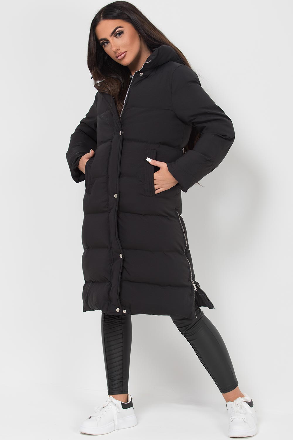 Long Puffer Coat With Side Zip Black