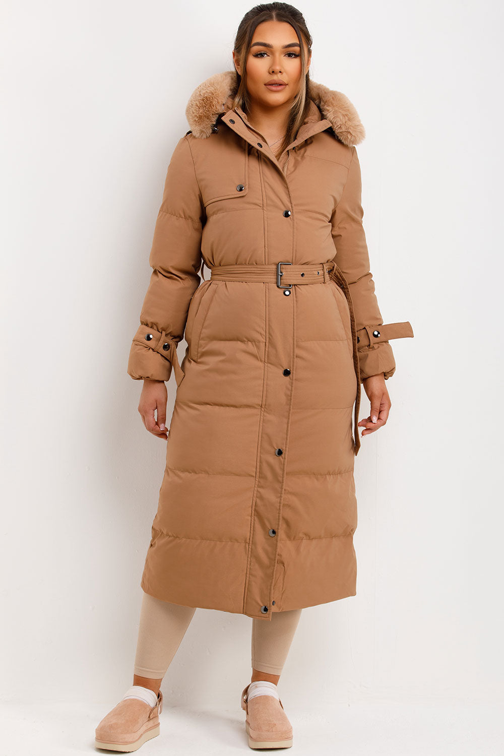 Long Puffer Trench Coat With Belt And Faux Fur Hood Camel