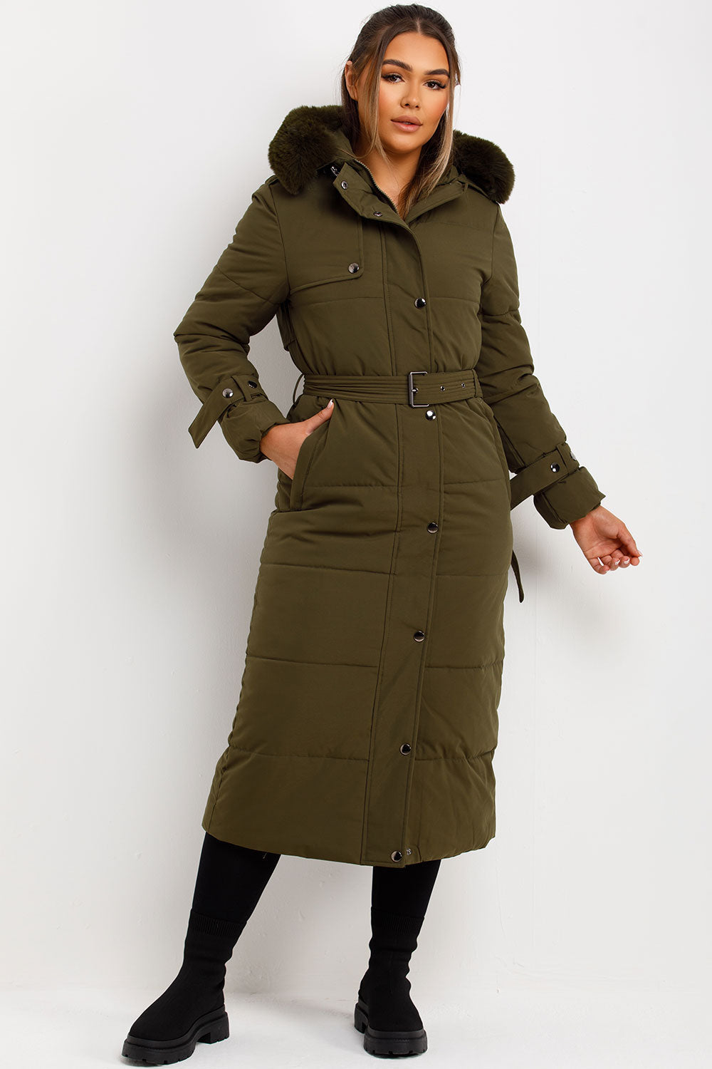 Long Puffer Trench Coat With Belt And Faux Fur Hood Khaki