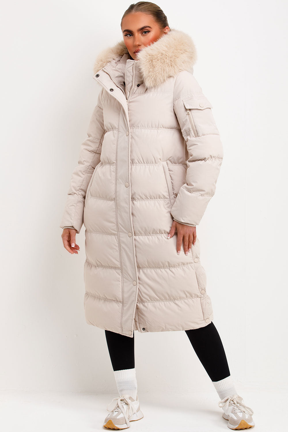 Long Puffer Coat With Fur Hood Beige