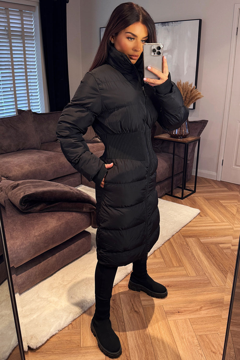 Puffer Padded Winter Coat With Contour Structured Detail Black