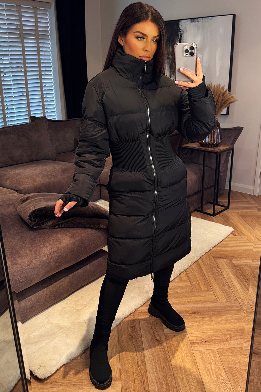 Puffer Padded Winter Coat With Contour Structured Detail Black