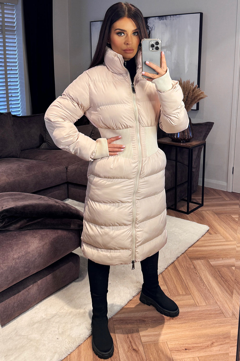 Puffer Padded Winter Coat With Contour Structured Detail Beige