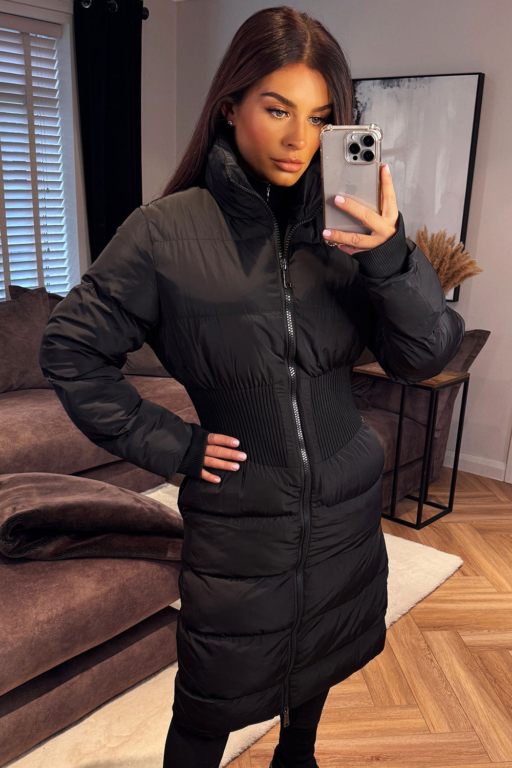 Puffer Padded Winter Coat With Contour Structured Detail Black