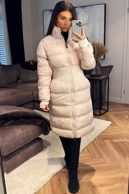 Puffer Padded Winter Coat With Contour Structured Detail Beige