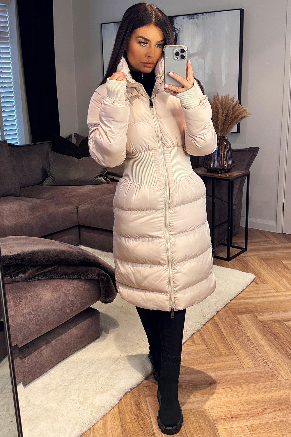 Puffer Padded Winter Coat With Contour Structured Detail Beige