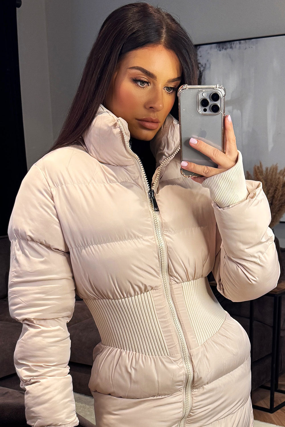 Puffer Padded Winter Coat With Contour Structured Detail Beige