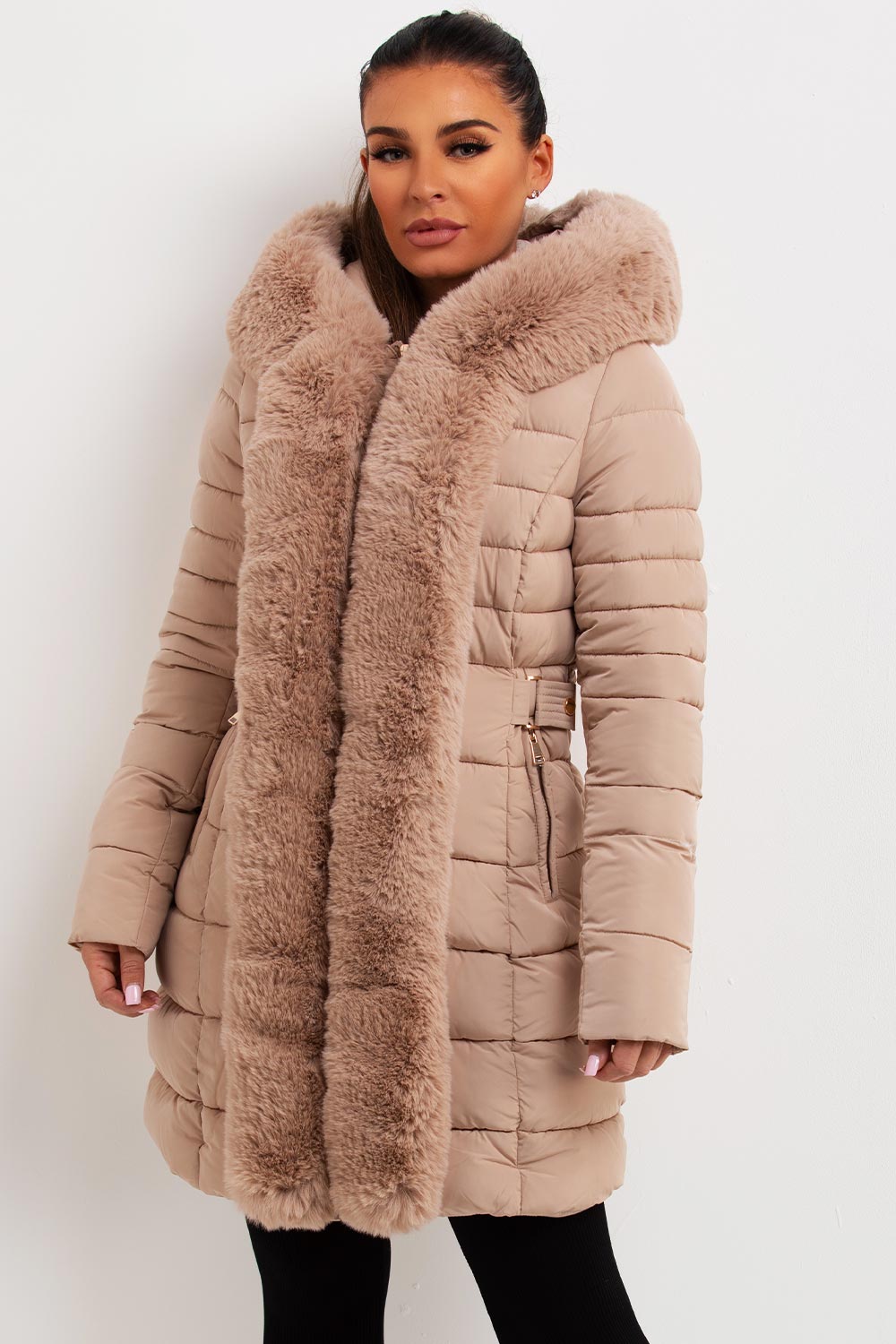 Puffer Padded Coat With Faux Fur Hood Beige