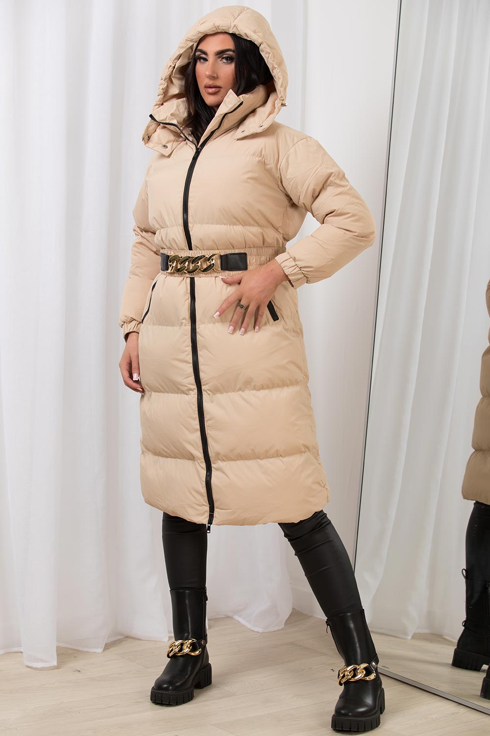 Long Puffer Padded Coat With Gold Chain Belt Beige