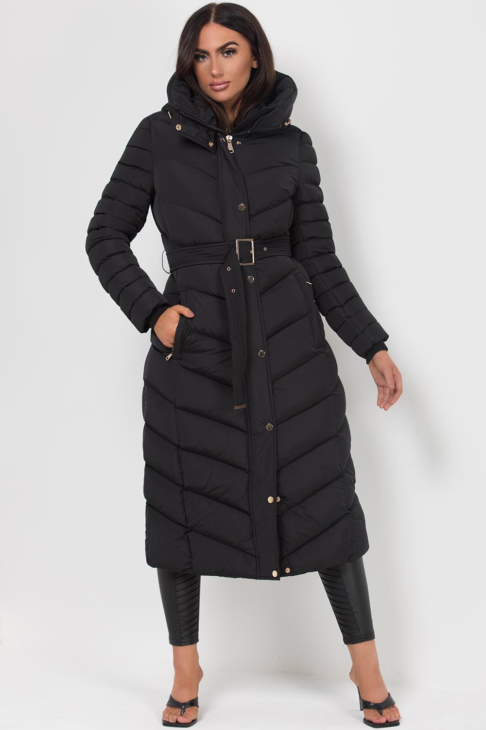 Long Puffer Down Coat With Belt Black